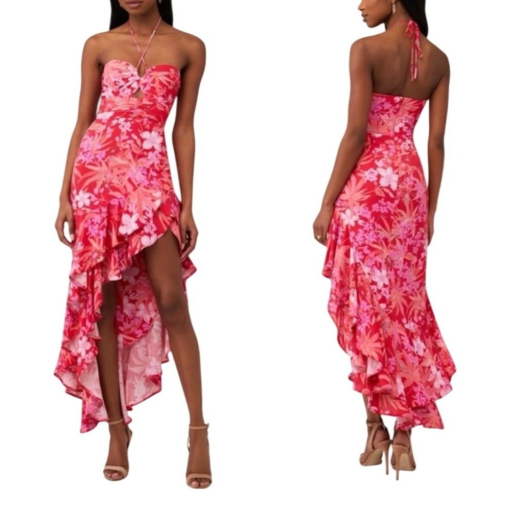 Amanda Uprichard Estrada Halterneck Floral High-Low Ruffle Maxi Dress.
